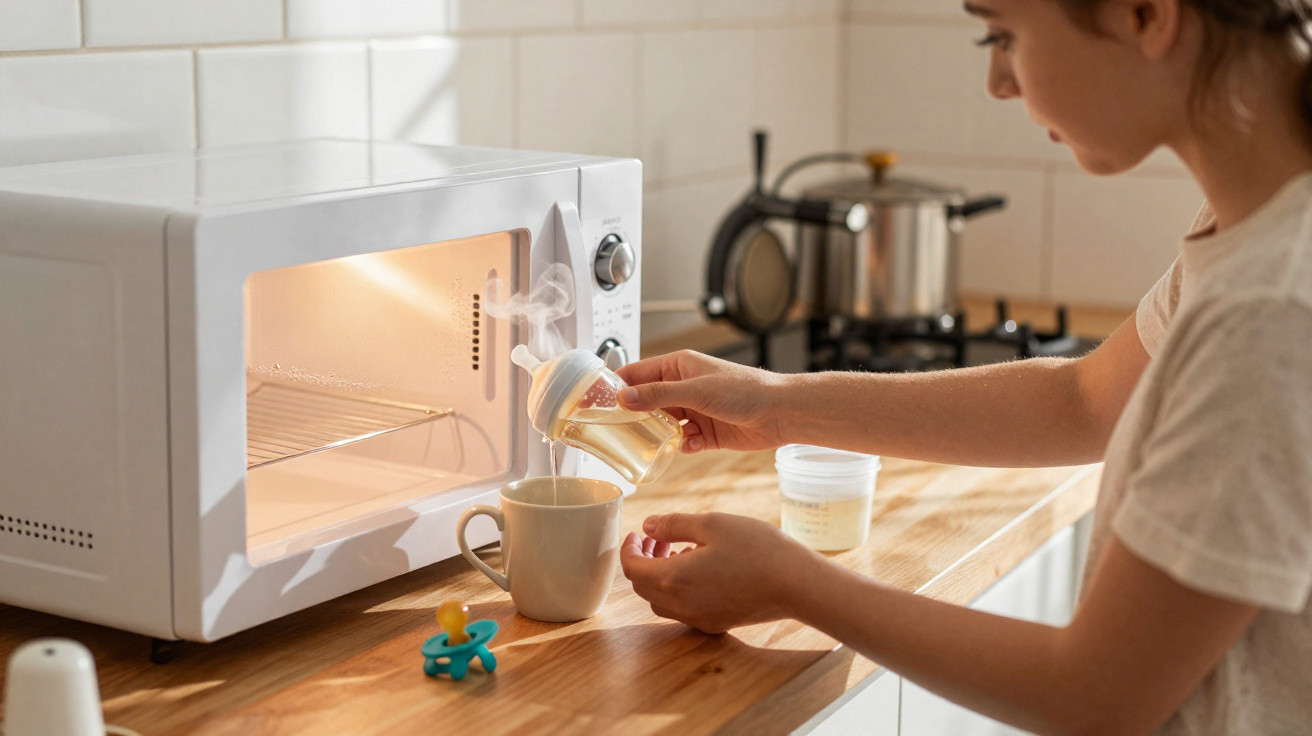 Mulher a aquecer biberão no micro-ondas numa cozinha luminosa e organizada.