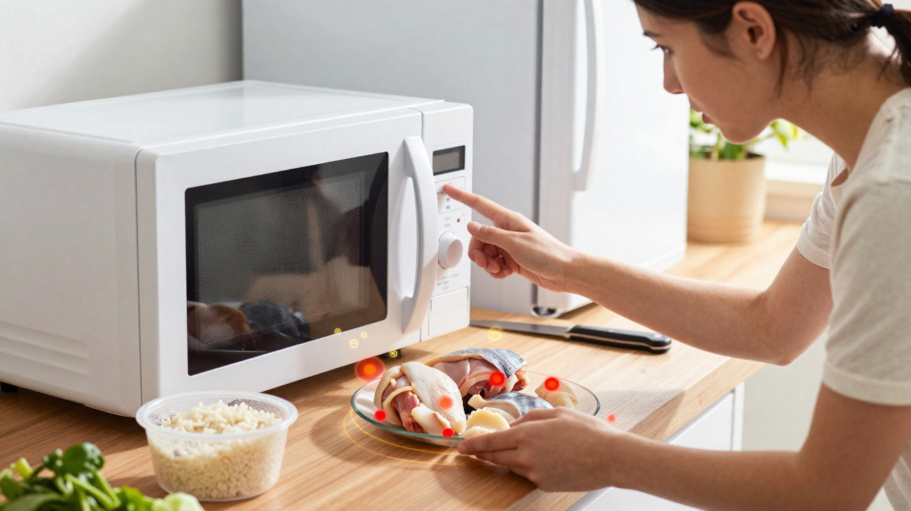 Mulher a colocar prato de marisco no micro-ondas numa cozinha moderna e iluminada.