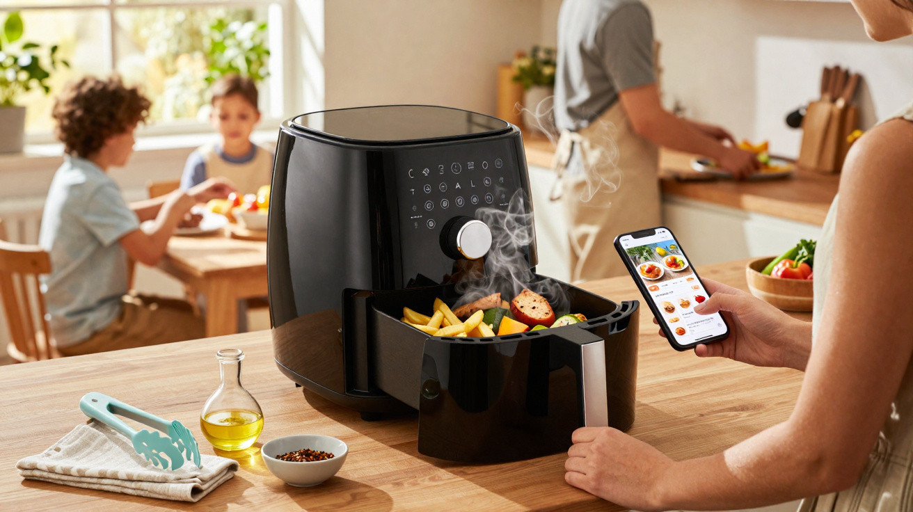 Pessoa a usar smartphone junto a fritadeira de ar com legumes e batatas, crianças sentadas à mesa na cozinha ao fundo.