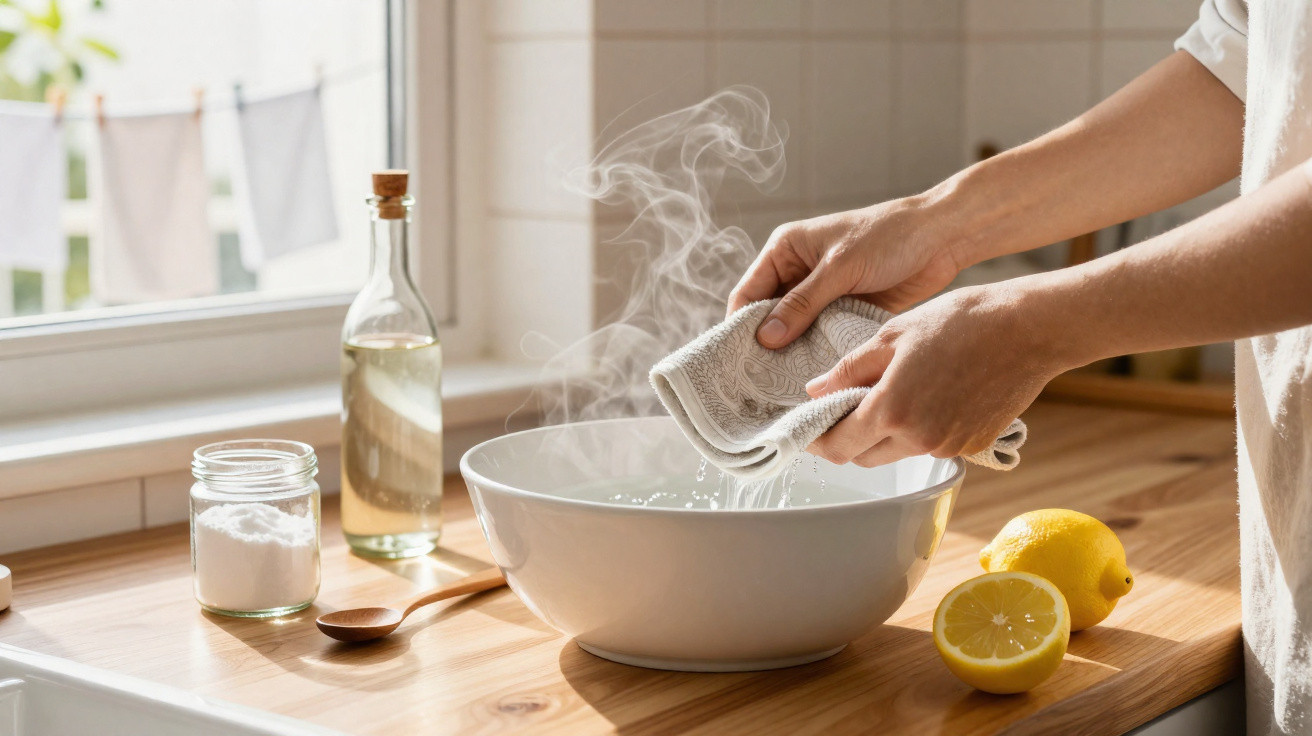 Mãos a espremer um pano sobre uma bacia branca com água quente fumegante numa cozinha iluminada.