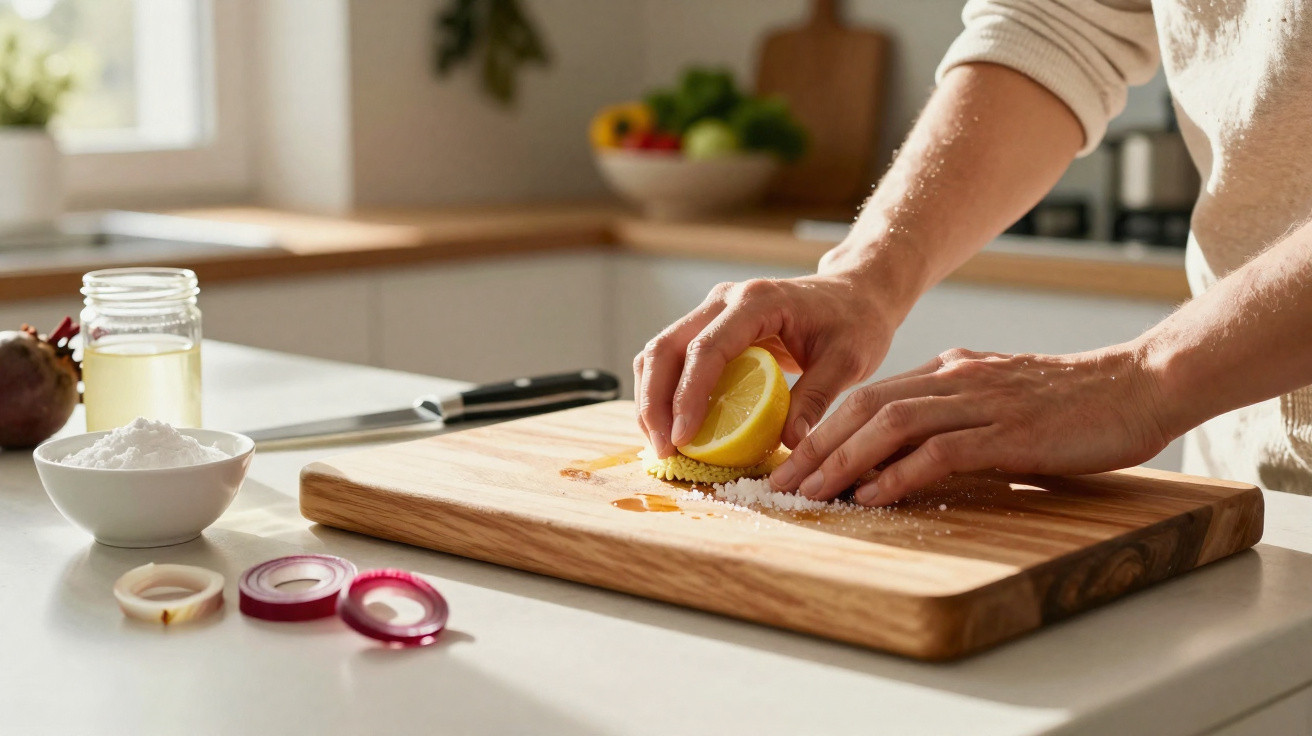 Mãos a espremer limão sobre tábua de cortar com sal, cebolas fatiadas e tigela com sal na cozinha.