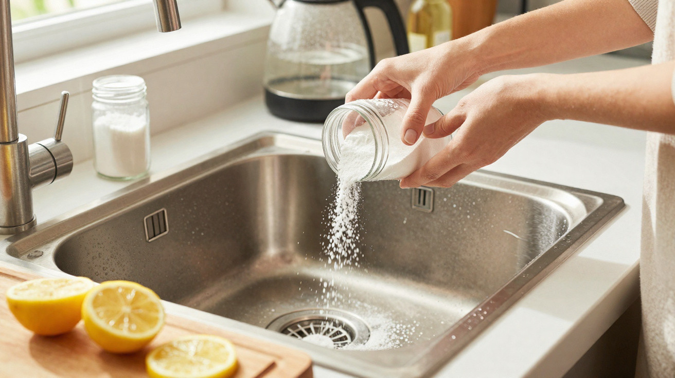 Mãos a deitar sal grosso no lava-loiça da cozinha com limões cortados em primeiro plano.