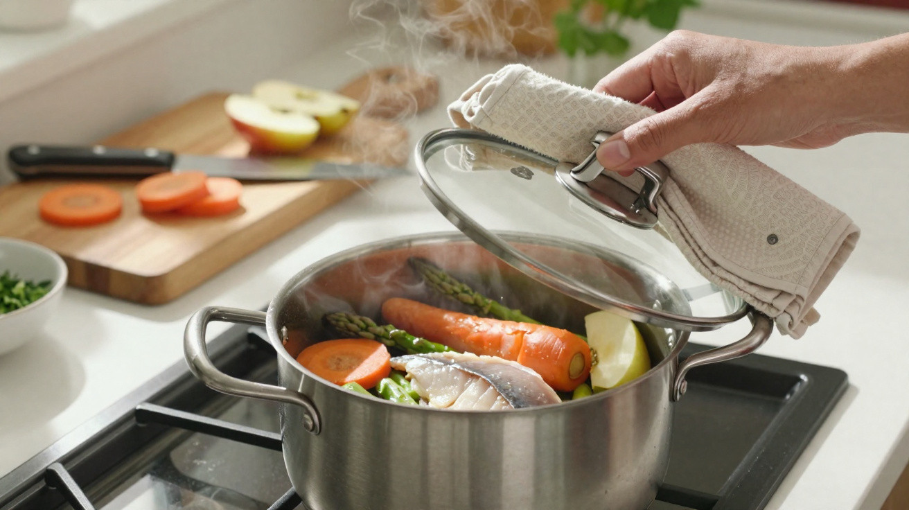 Panela de inox no fogão com legumes e peixe a cozinhar, tampa sendo levantada por mão com pano.