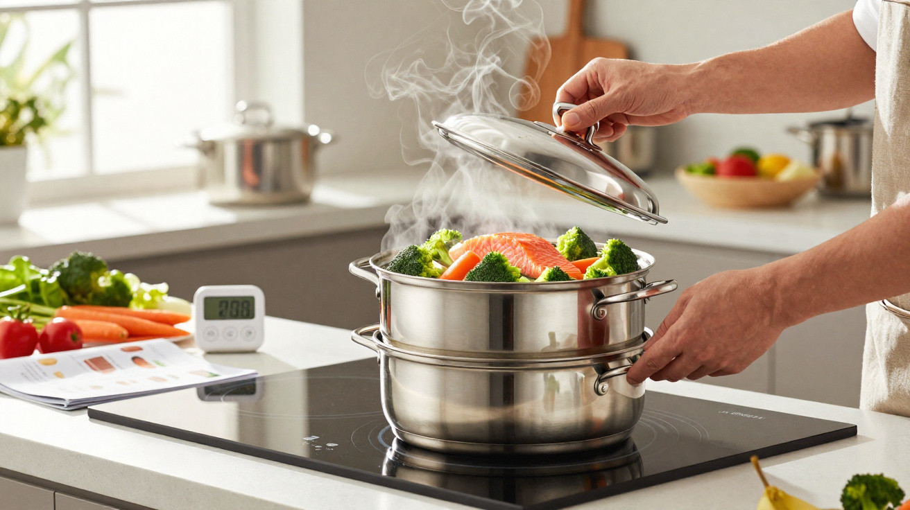 Pessoa a levantar a tampa de um tacho a vapor com legumes e peixe a cozinhar numa placa de indução.