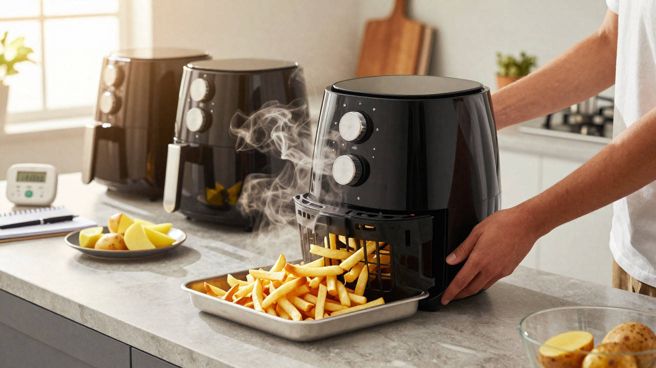Pessoa a retirar batatas fritas quentes de uma fritadeira sem óleo numa cozinha moderna.