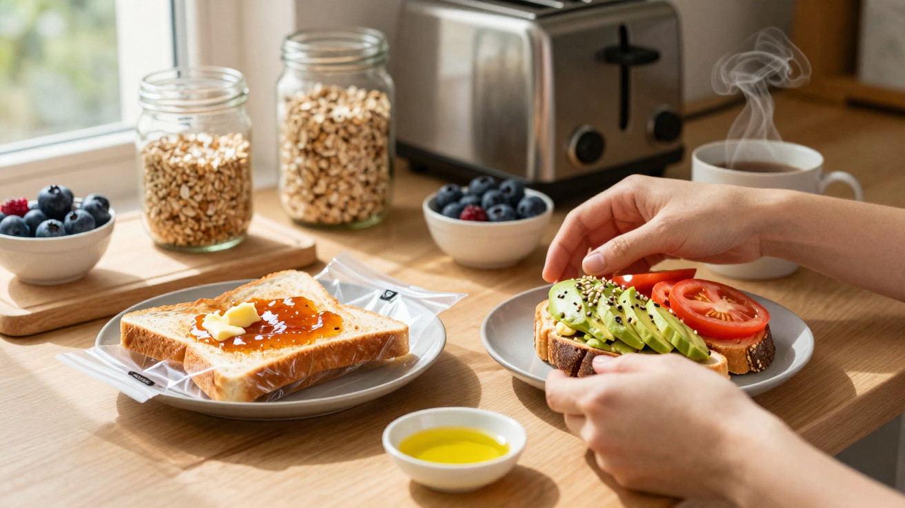 Mãos a preparar torrada com abacate e tomate, ao lado de torrada com manteiga e geleia numa mesa de café.