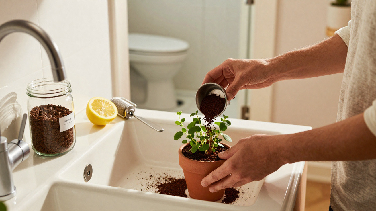 Pessoa a deitar borra de café numa planta em vaso sobre uma pia branca numa casa de banho.