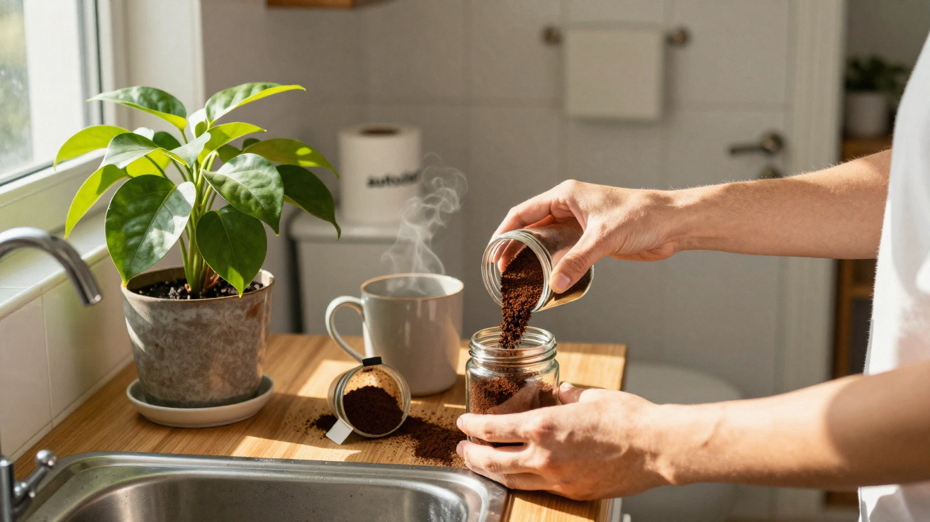 Pessoa a verter café moído num frasco sobre bancada de cozinha com planta, chávena e filtro de café ao sol.