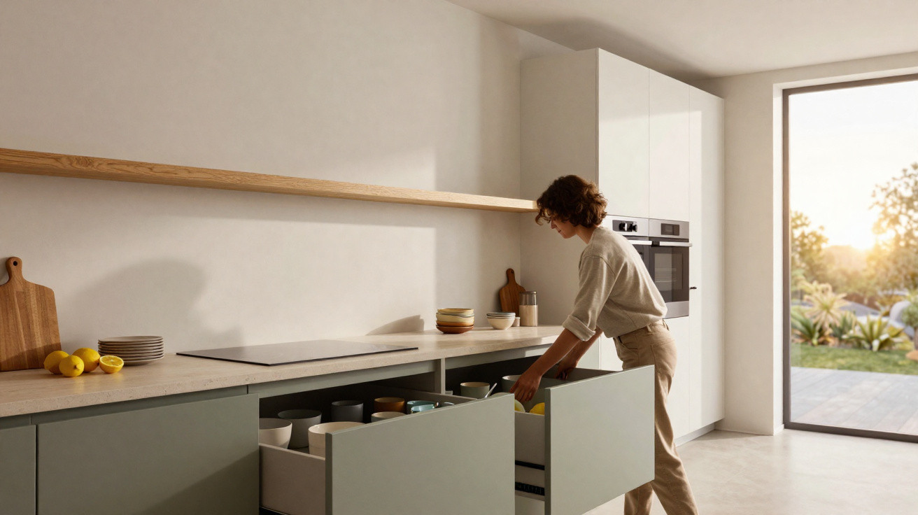 Pessoa a organizar utensílios em gavetas numa cozinha moderna com luz natural e vista para jardim.