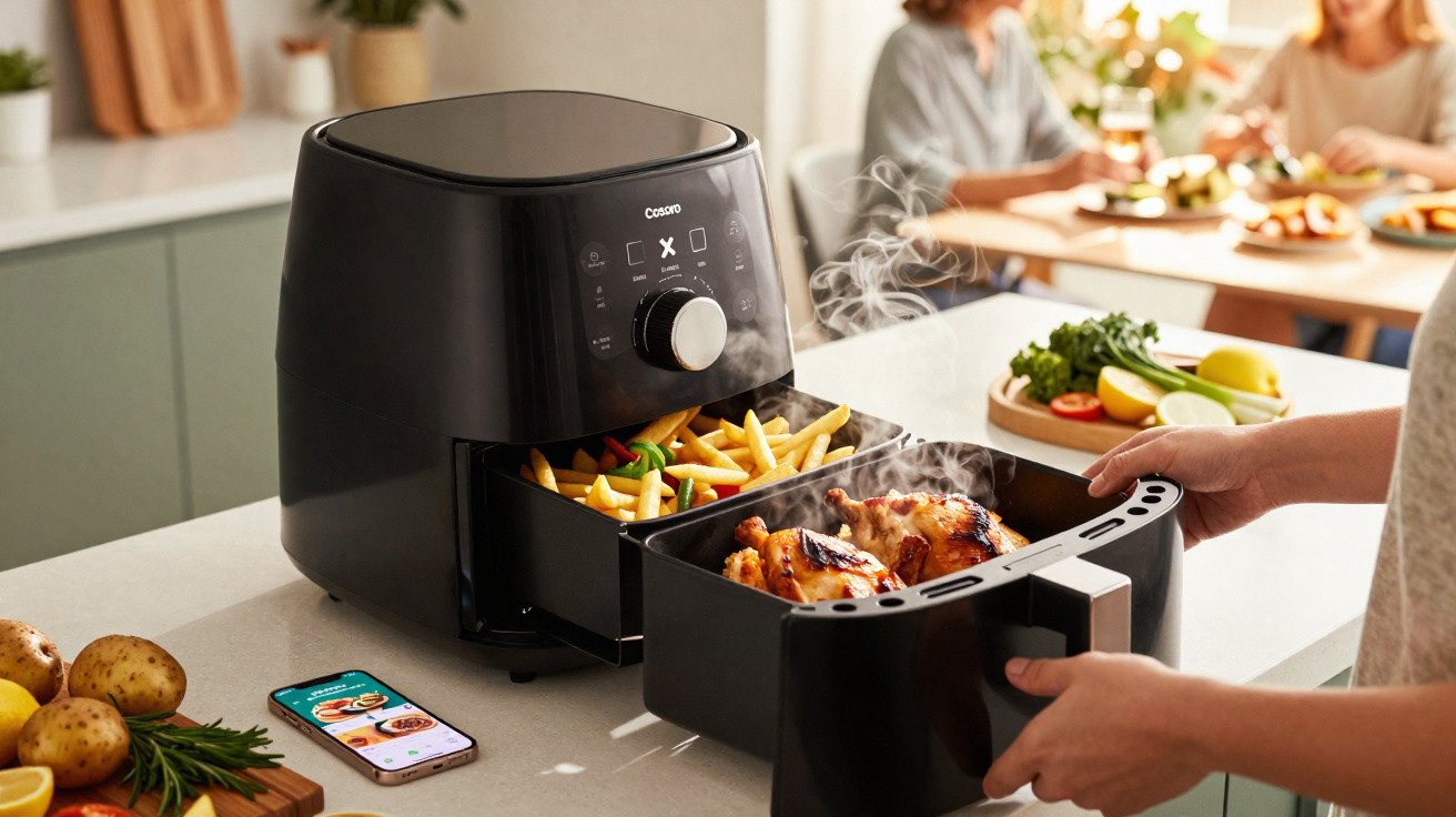 Fritadeira elétrica a ar quente com batatas fritas e frango assado a vapor na cozinha moderna.