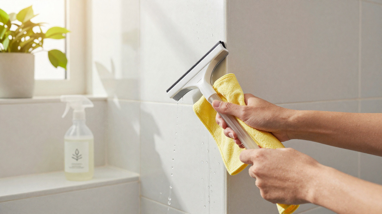 Mãos a limpar azulejos de casa de banho com esfregona enquanto seguram um pano amarelo.