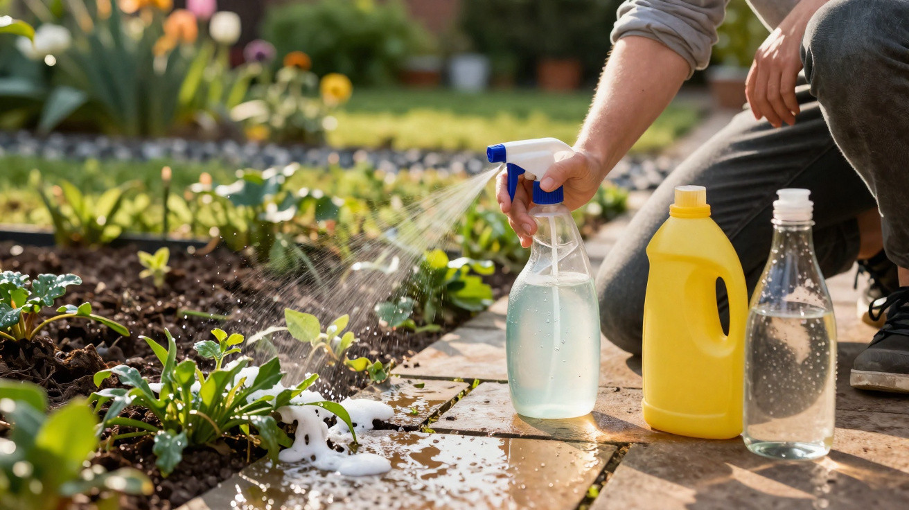 Pessoa a pulverizar plantas num jardim com frasco de spray, junto a garrafas de líquidos de jardinagem.