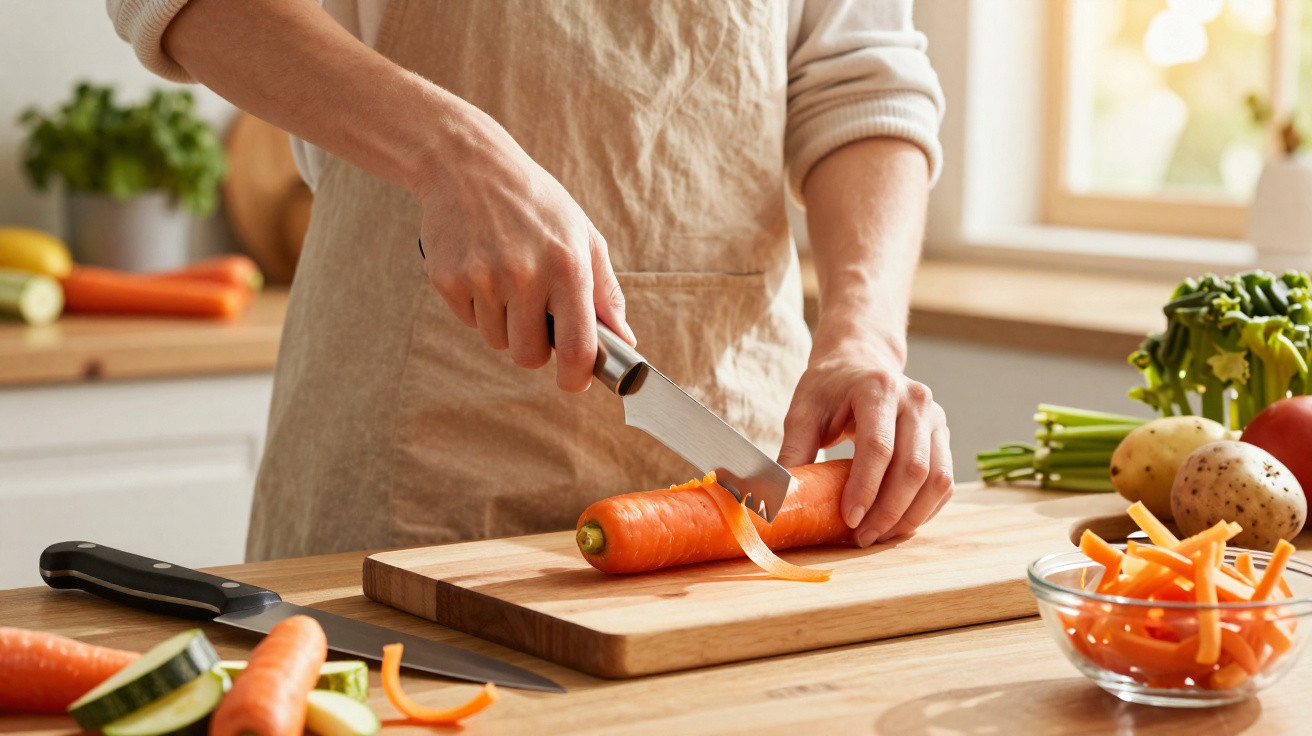 Pessoa a descascar uma cenoura numa tábua de cozinha com legumes frescos ao redor.