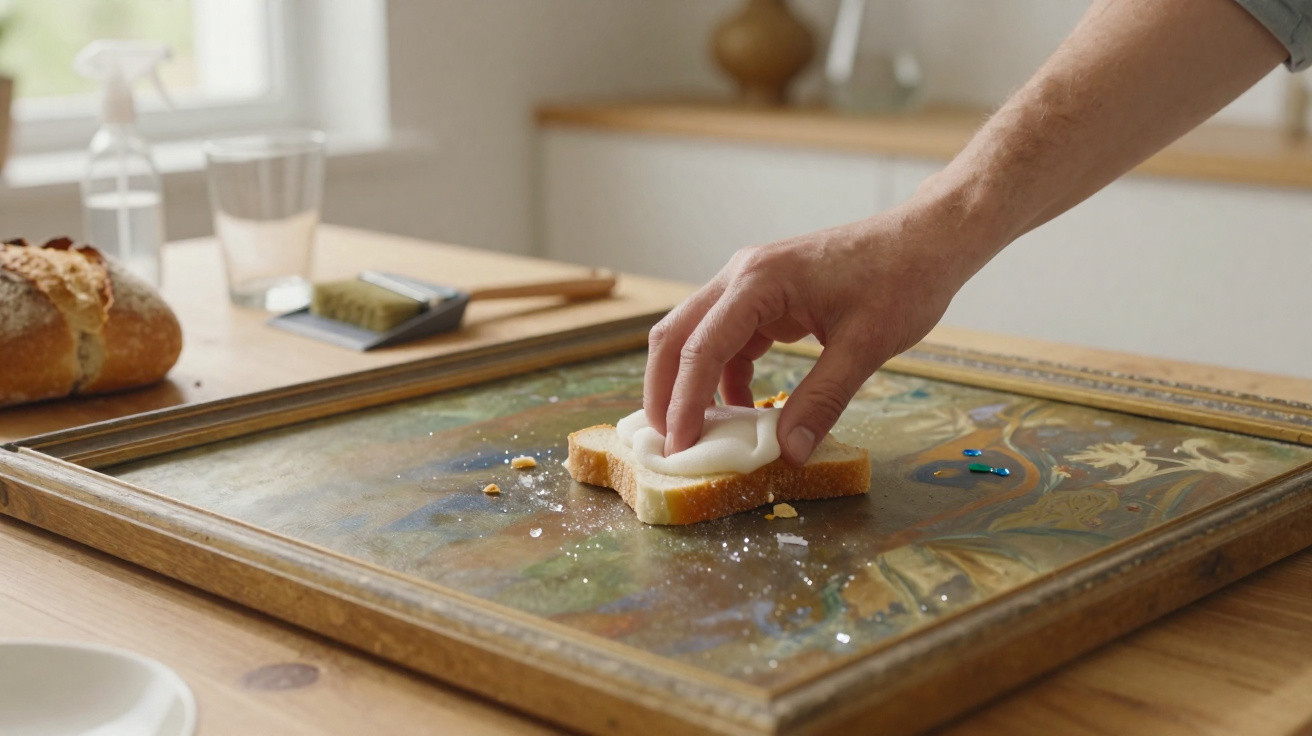 Mão a passar sabão numa fatia de pão sobre uma moldura antiga numa mesa de cozinha.