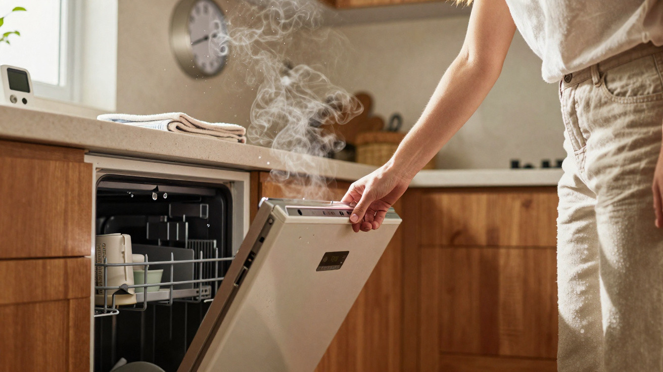 Pessoa a abrir máquina de lavar loiça com vapor a sair numa cozinha moderna de madeira.