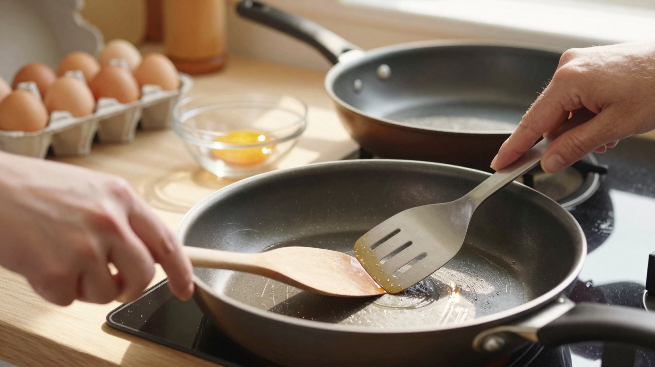 Duas mãos a preparar frigideira com utensílios de cozinha, ovos e gema numa tigela ao fundo.