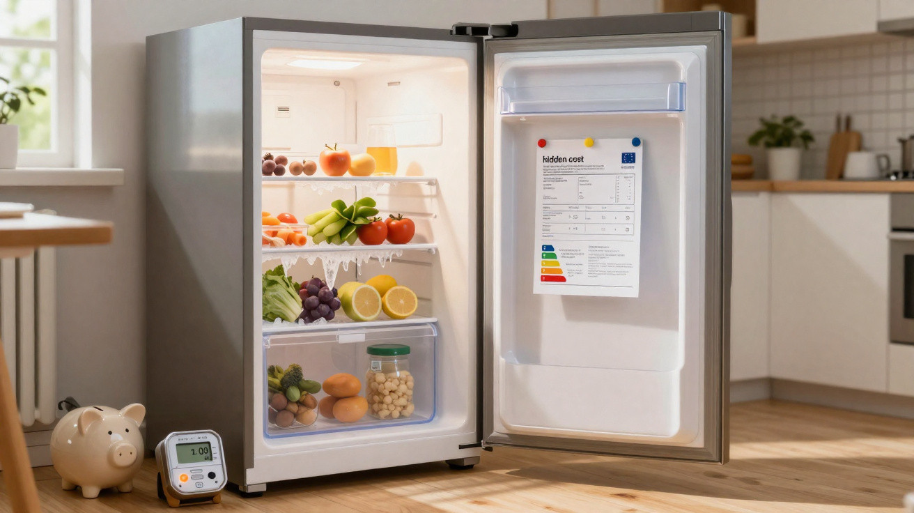 Frigorífico pequeno aberto com frutas, legumes e ovos numa cozinha moderna iluminada.