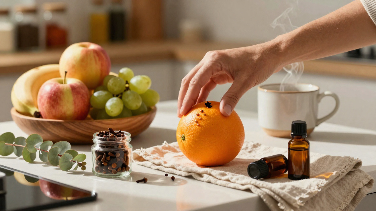 Mão a segurar uma laranja cravada com cravinho, ao lado de frascos, frutas e uma chávena fumegante numa cozinha.