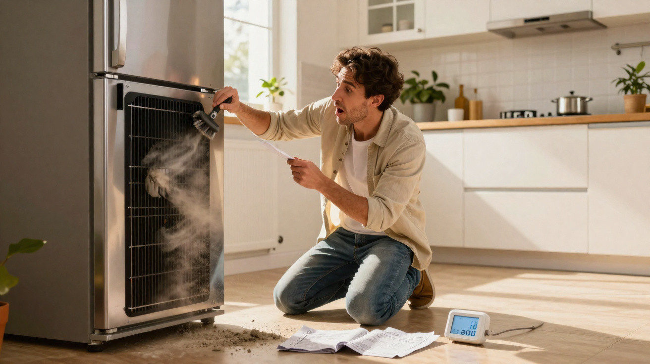 Homem de joelhos na cozinha a assoprar vapor saído de um forno com sujeira no chão.