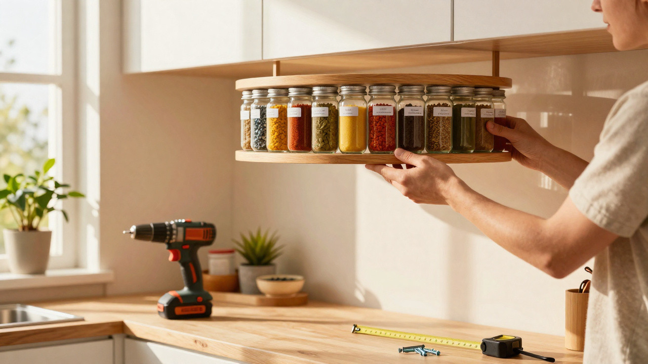 Pessoa a instalar prateleira giratória de especiarias numa cozinha moderna com luz natural.