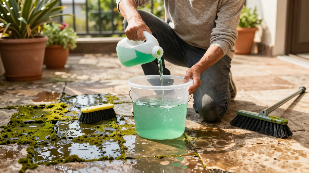 Pessoa a verter líquido verde num balde para limpar chão com musgo e duas vassouras num terraço.
