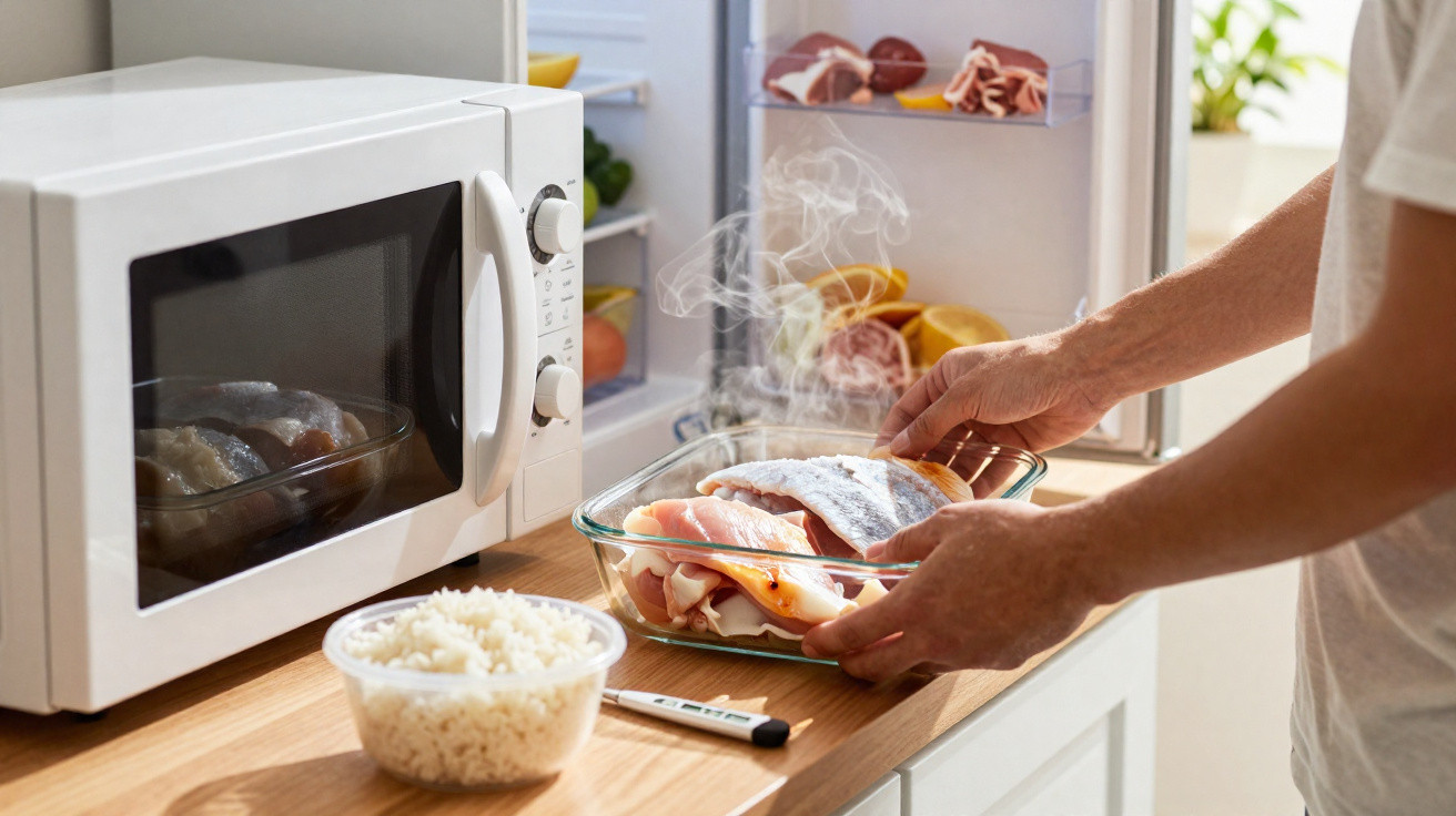 Pessoa a colocar travessa com peixe fumegante num micro-ondas numa cozinha moderna.
