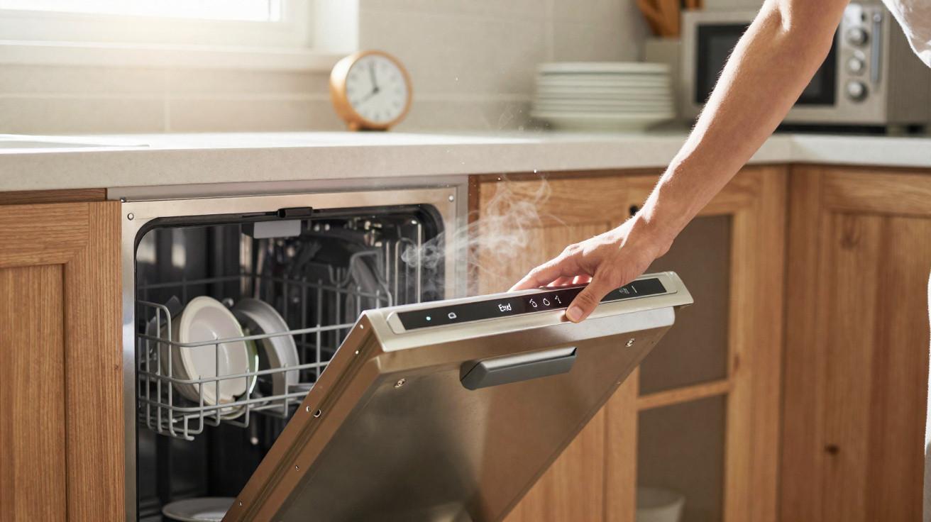 Pessoa abrindo máquina de lavar louça quente com vapor na cozinha de madeira.