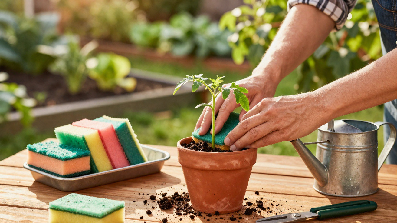 Pessoa a limpar vaso de barro com planta jovem usando uma esponja num jardim ensolarado.