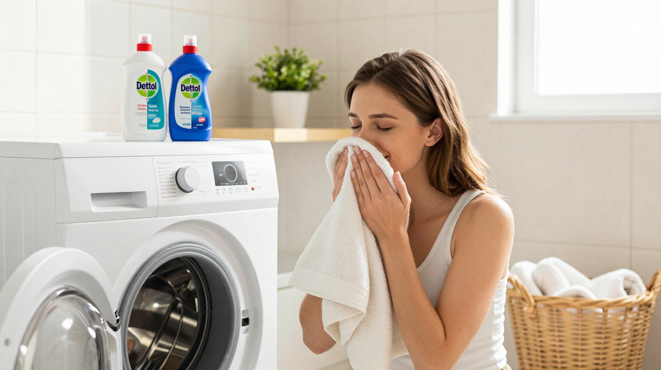 Mulher cheira toalha branca junto a máquina de lavar roupa com detergentes Dettol no topo.