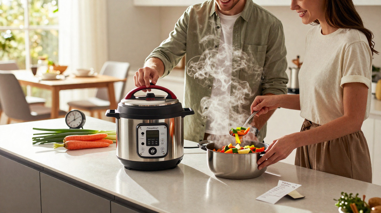 Casal a cozinhar legumes numa cozinha moderna com panela elétrica e legumes frescos na bancada.