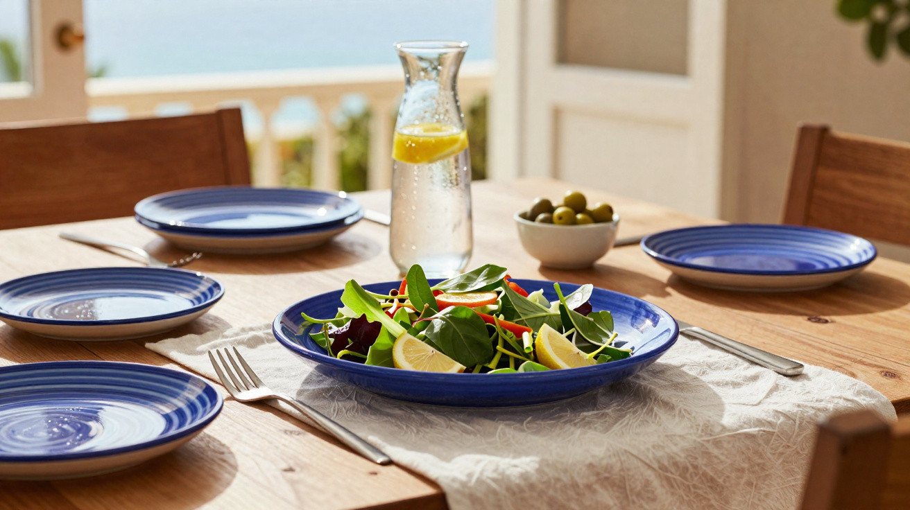 Mesa de madeira com quatro pratos azuis, salada com limão e jarro de água com limão num ambiente iluminado.