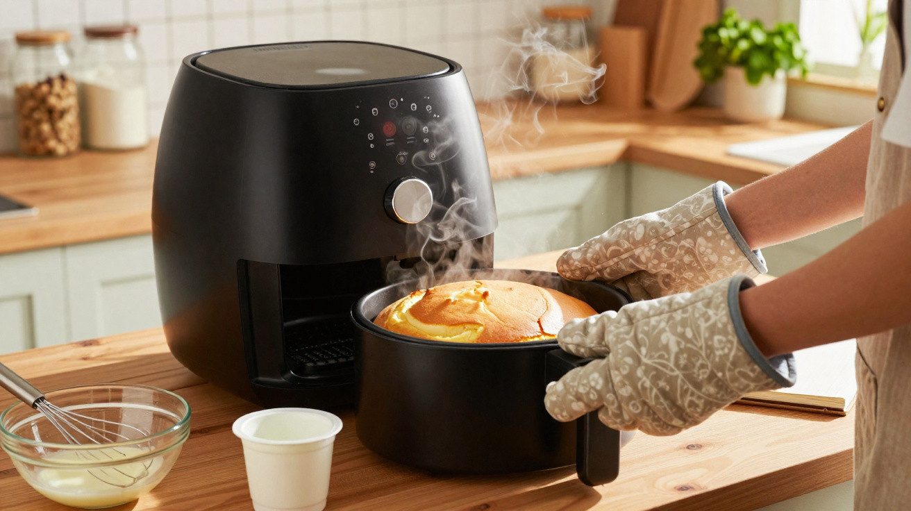 Pessoa a usar luvas para tirar bolo quente de forno elétrico num balcão de cozinha.