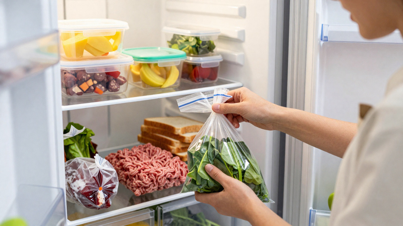 Pessoa a guardar saco com espinafres na prateleira do frigorífico cheio de vários alimentos frescos e armazenados.