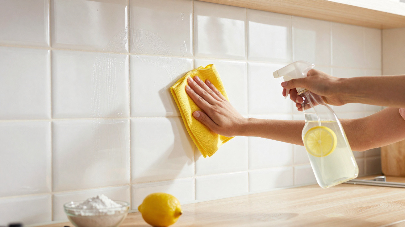 Mãos a limpar azulejos brancos com pano amarelo e spray com limão numa cozinha.
