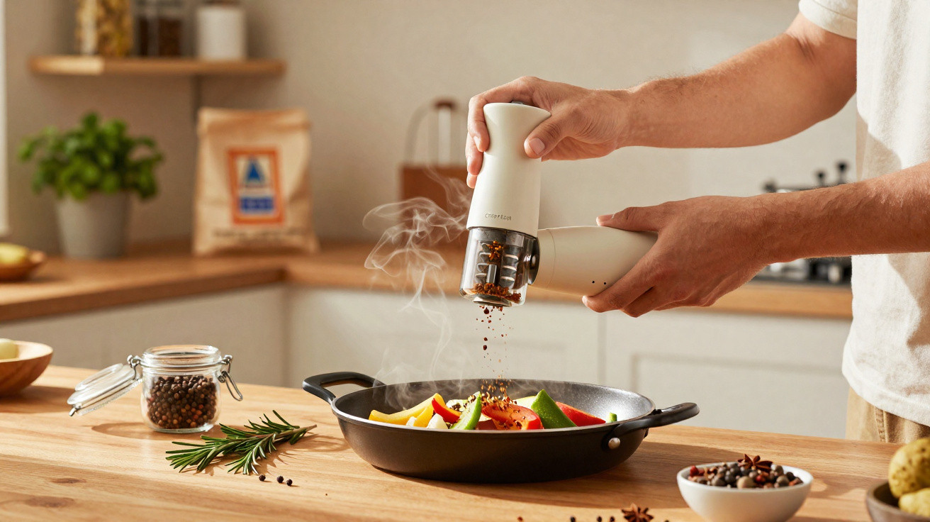Pessoa a moer pimenta sobre legumes numa frigideira numa cozinha moderna e luminosa.