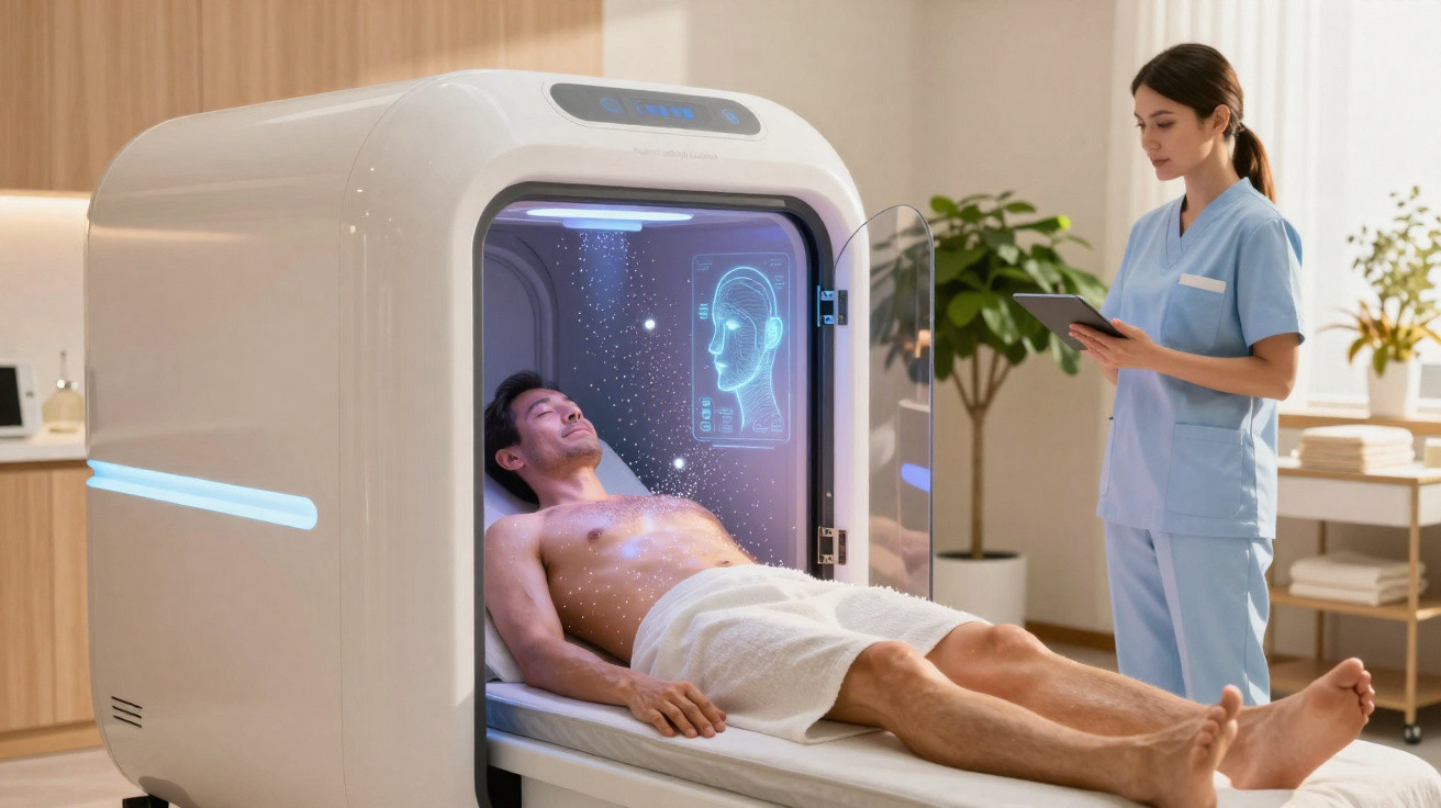 Homem relaxado deitado numa máquina futurista enquanto técnica médica observa com tablet.
