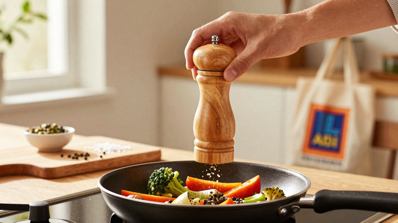 Mão a moer pimenta numa frigideira com legumes coloridos numa cozinha iluminada.