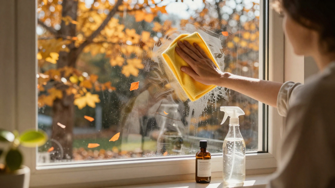 Pessoa a limpar uma janela com pano amarelo, spray e frasco, com árvores de folhas outonais ao fundo.