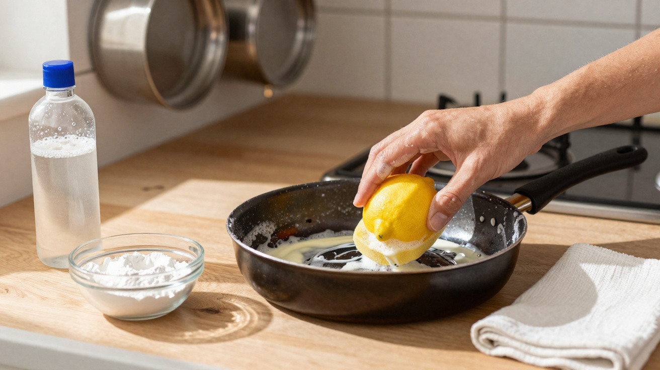 Mão a espremer limão numa frigideira com bicarbonato e vinagre na bancada da cozinha.