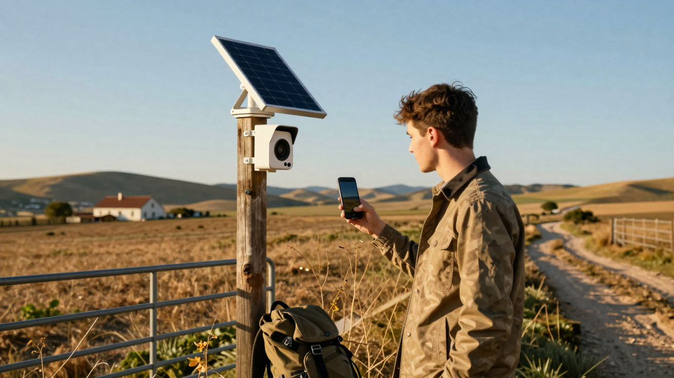 Jovem junto a camera de vigilância com painel solar num campo com telemóvel na mão ao pôr do sol.