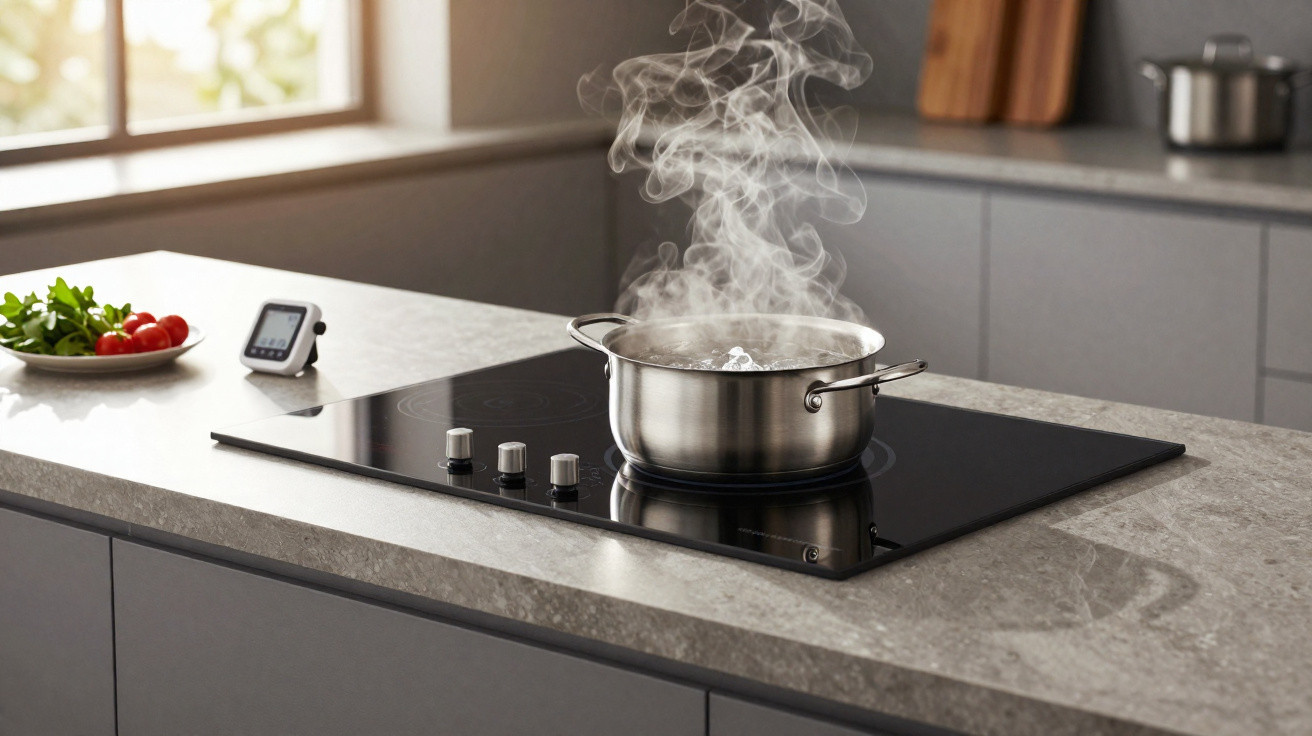 Panela a ferver com vapor sobre placa de fogão moderna numa cozinha contemporânea.