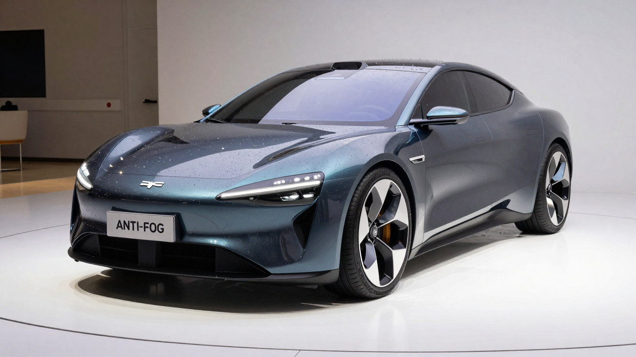 Carro desportivo elétrico azul metálico com design aerodinâmico em exposição num ambiente interior.