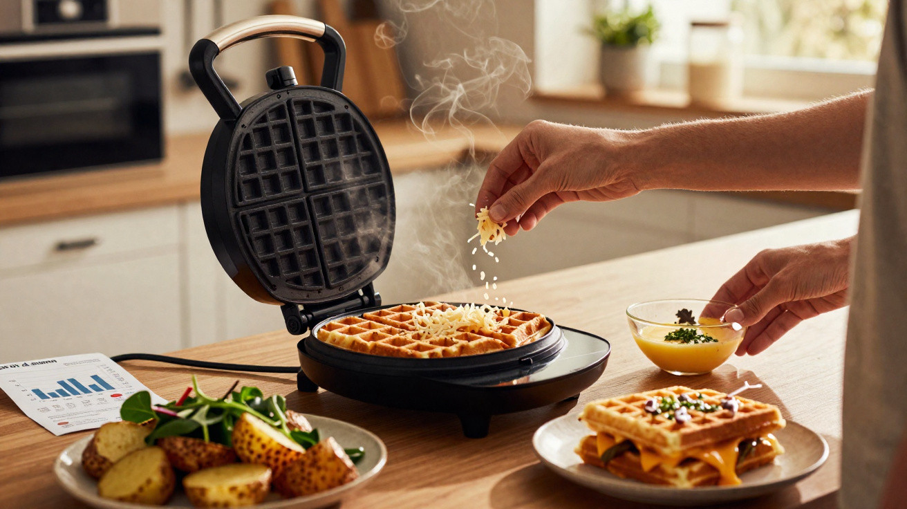 Máquina de waffles com waffles quentes e mão a polvilhar queijo na cozinha moderna.