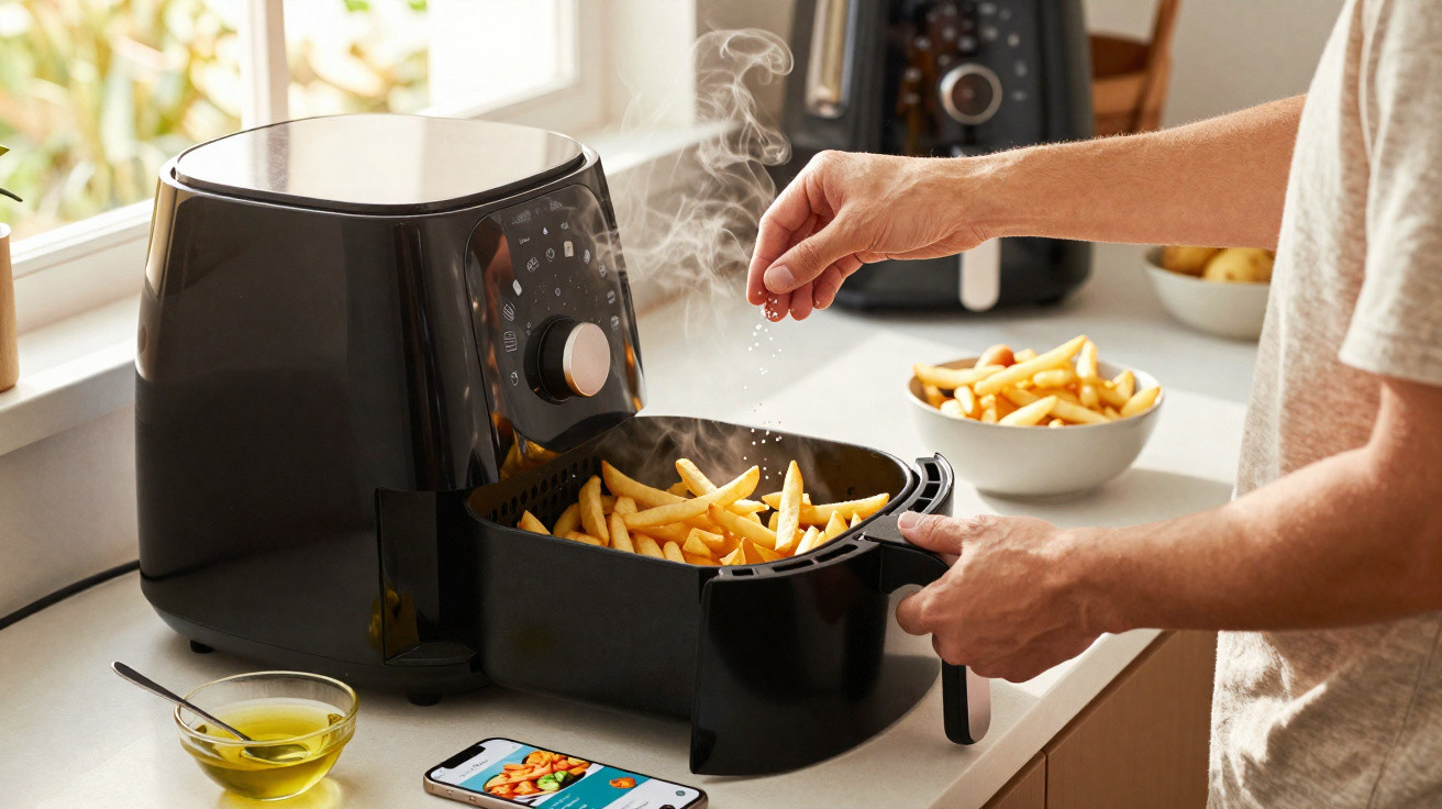 Pessoa a temperar batatas fritas acabadas de cozinhar numa fritadeira elétrica sem óleo na cozinha.
