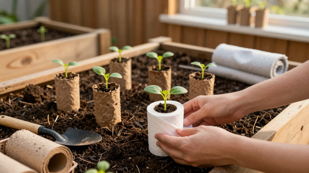 Mãos a transplantar pequena planta de vaso biodegradável para terra numa caixa de madeira com luz natural.
