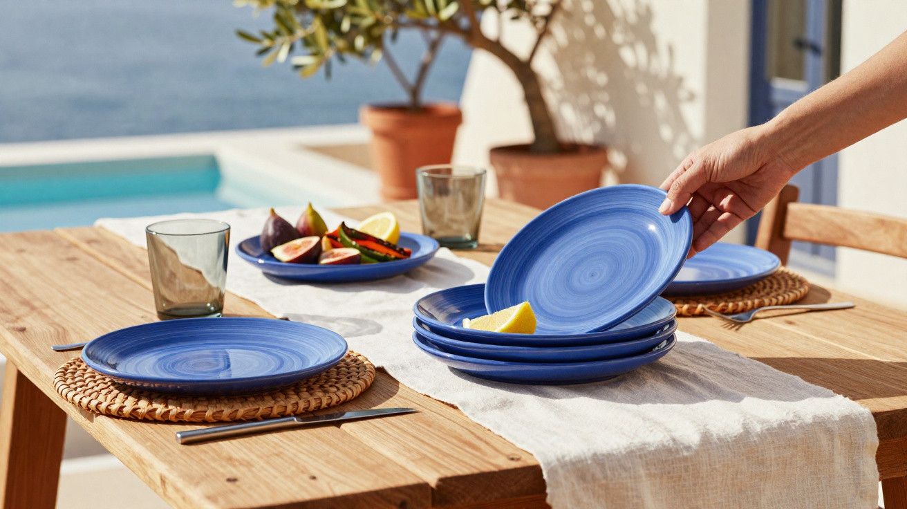 Mesa de madeira ao ar livre com pratos azuis, copos transparentes e fruta cortada num prato.