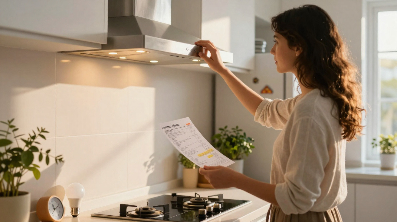 Mulher ajusta a chaminé da cozinha enquanto segura uma receita em papel.