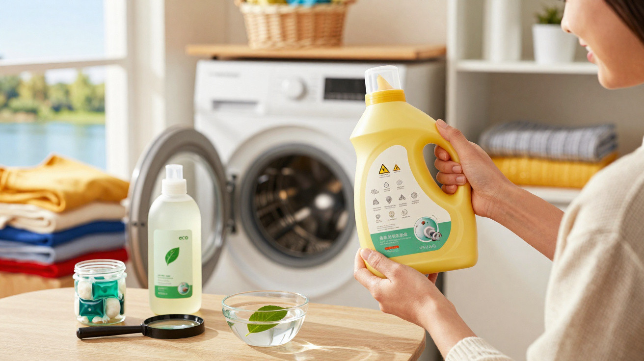 Pessoa a ler rótulo de detergente amarelo com máquina de lavar roupa ao fundo e produtos de limpeza na mesa.