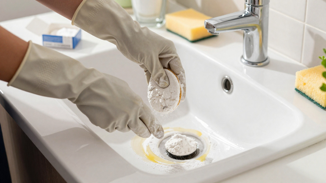 Mãos com luvas a limpar um ralo da pia branca com esponja e produto em pó branco.