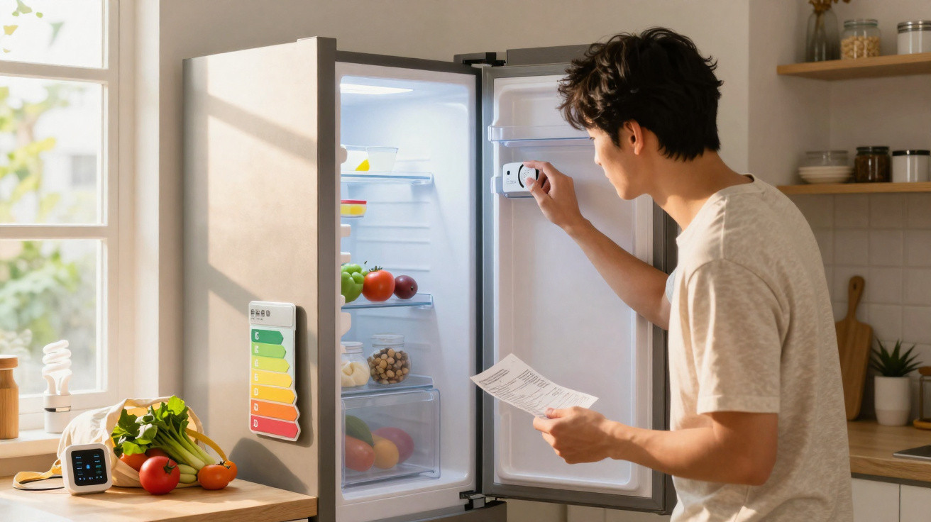 Homem ajusta a temperatura do frigorífico aberto, segurando um papel, na cozinha iluminada pela luz natural.